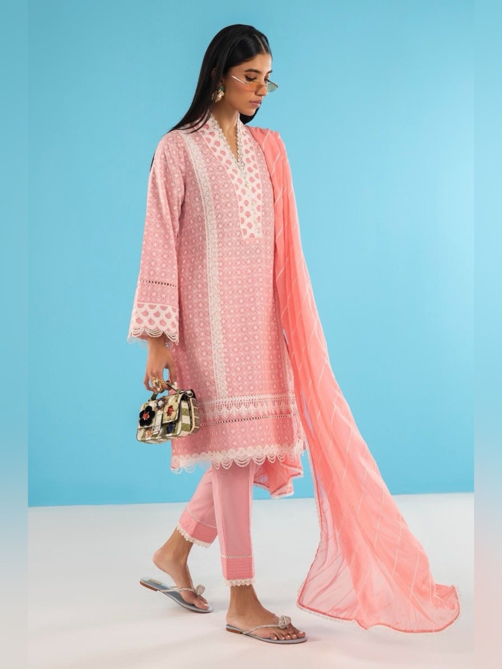 Women's Pink Embroidered Kurta Set with Sheer Dupatta